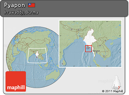 Savanna Style Location Map of Pyapon, highlighted country, highlighted parent region, within the entire country, hill shading