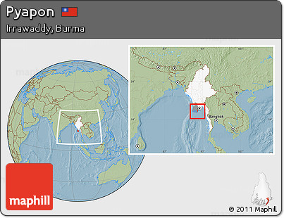 Savanna Style Location Map of Pyapon, highlighted country, highlighted parent region, within the entire country, hill shading