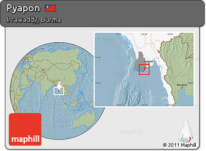 Savanna Style Location Map of Pyapon, highlighted country, highlighted parent region, hill shading