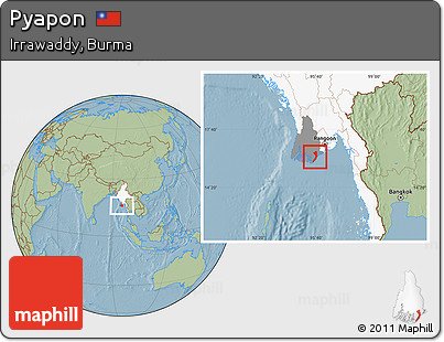 Savanna Style Location Map of Pyapon, highlighted country, highlighted parent region, hill shading