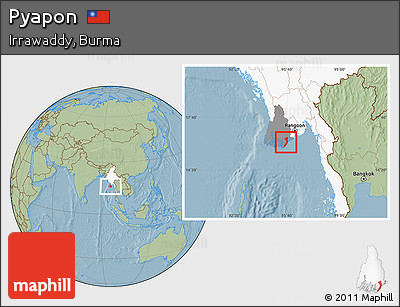 Savanna Style Location Map of Pyapon, highlighted country, highlighted parent region, hill shading