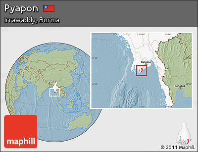 Savanna Style Location Map of Pyapon, highlighted country, hill shading