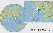 Savanna Style Location Map of Pyapon, highlighted parent region, hill shading