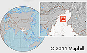 Gray Location Map of Kamaing, highlighted country, hill shading