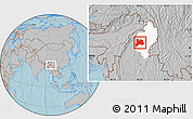 Gray Location Map of Kamaing, highlighted parent region, hill shading