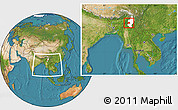 Satellite Location Map of Kamaing, highlighted parent region, within the entire country