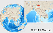 Shaded Relief Location Map of Kamaing, within the entire country