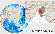 Shaded Relief Location Map of Kamaing, highlighted country, highlighted parent region