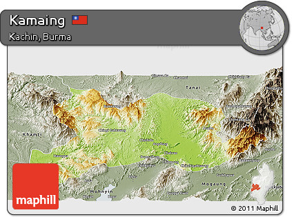 Physical Panoramic Map of Kamaing, semi-desaturated
