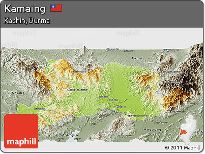Physical Panoramic Map of Kamaing, semi-desaturated