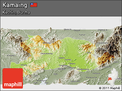 Physical Panoramic Map of Kamaing, semi-desaturated