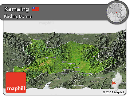 Satellite Panoramic Map of Kamaing, semi-desaturated