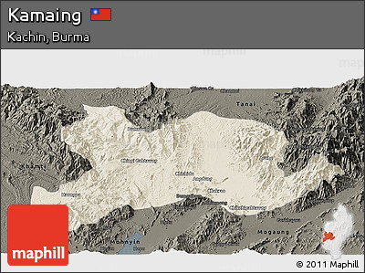 Shaded Relief Panoramic Map of Kamaing, darken