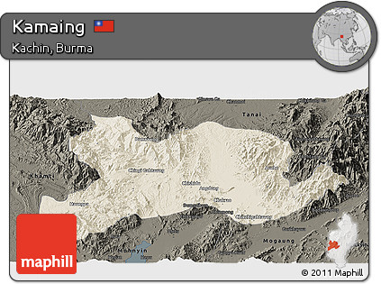 Shaded Relief Panoramic Map of Kamaing, darken