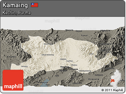 Shaded Relief Panoramic Map of Kamaing, darken