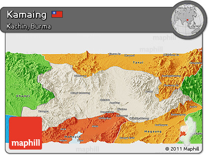 Shaded Relief Panoramic Map of Kamaing, political outside