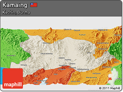 Shaded Relief Panoramic Map of Kamaing, political outside