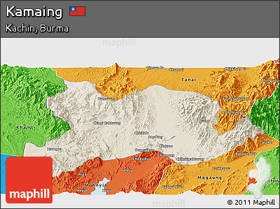 Shaded Relief Panoramic Map of Kamaing, political outside