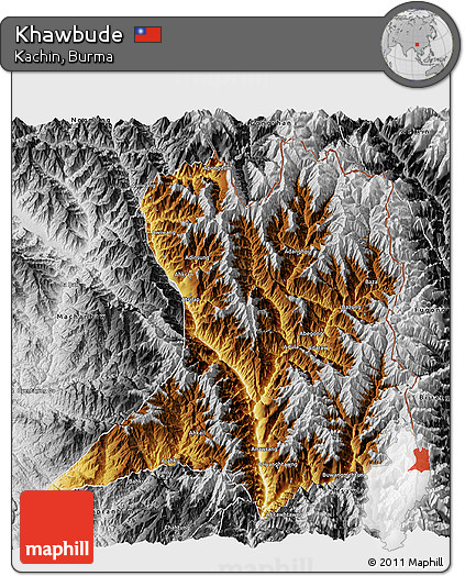Physical 3D Map of Khawbude, desaturated