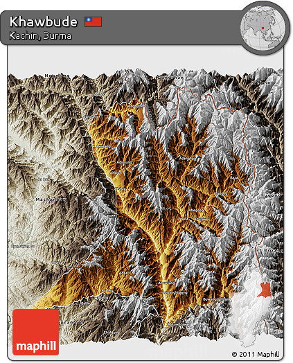 Physical 3D Map of Khawbude, semi-desaturated