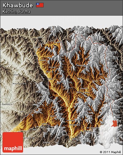 Physical 3D Map of Khawbude, semi-desaturated
