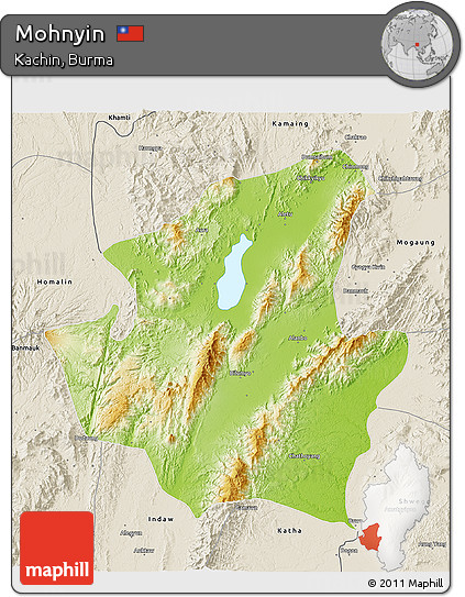Physical 3D Map of Mohnyin, shaded relief outside