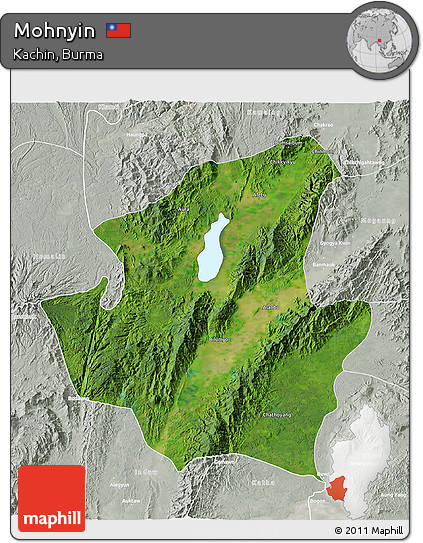 Satellite 3D Map of Mohnyin, lighten, semi-desaturated