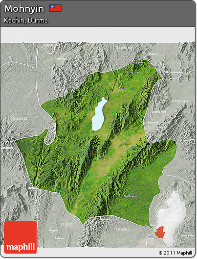 Satellite 3D Map of Mohnyin, lighten, semi-desaturated