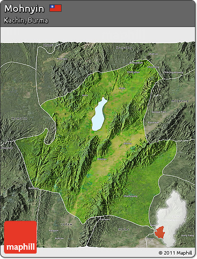 Satellite 3D Map of Mohnyin, semi-desaturated