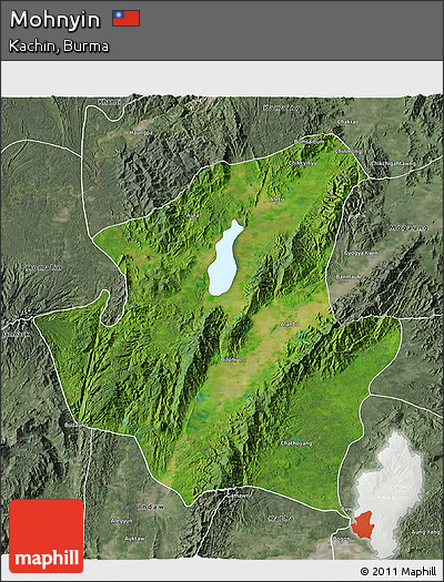 Satellite 3D Map of Mohnyin, semi-desaturated