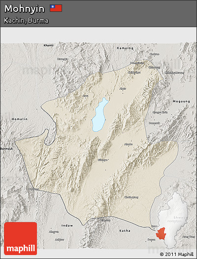 Shaded Relief 3D Map of Mohnyin, semi-desaturated