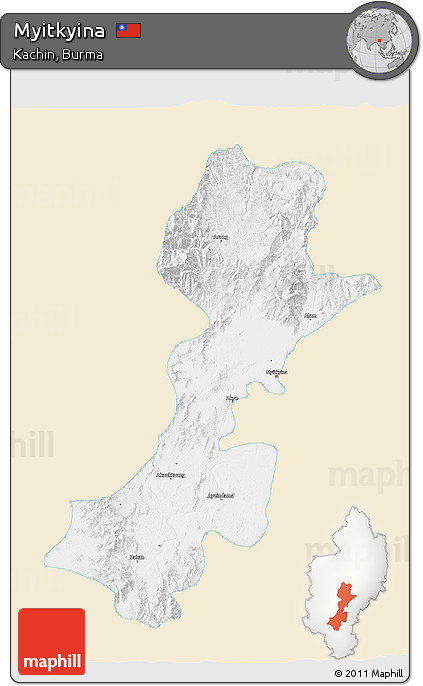 Classic Style 3D Map of Myitkyina, single color outside
