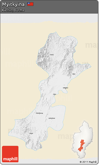 Classic Style 3D Map of Myitkyina, single color outside