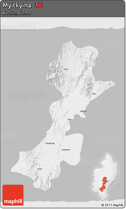 Gray 3D Map of Myitkyina, single color outside