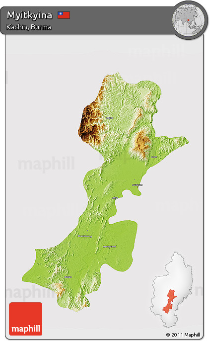 Physical 3D Map of Myitkyina, cropped outside