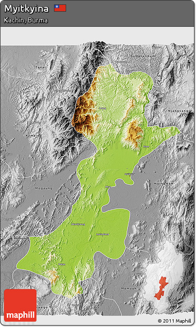 Physical 3D Map of Myitkyina, desaturated