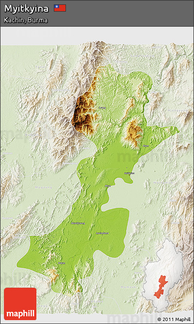Physical 3D Map of Myitkyina, lighten