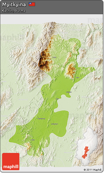 Physical 3D Map of Myitkyina, lighten