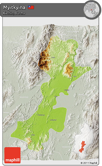 Physical 3D Map of Myitkyina, lighten, semi-desaturated