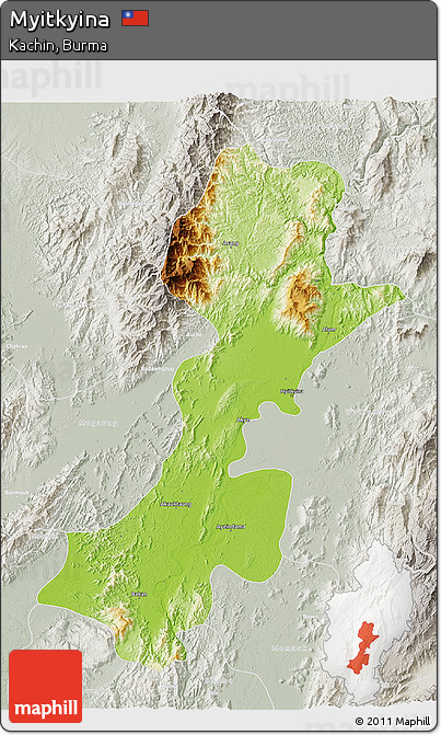 Physical 3D Map of Myitkyina, lighten, semi-desaturated
