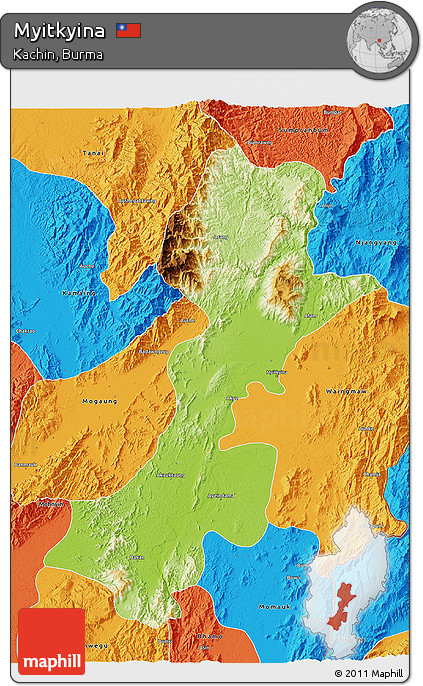 Physical 3D Map of Myitkyina, political outside