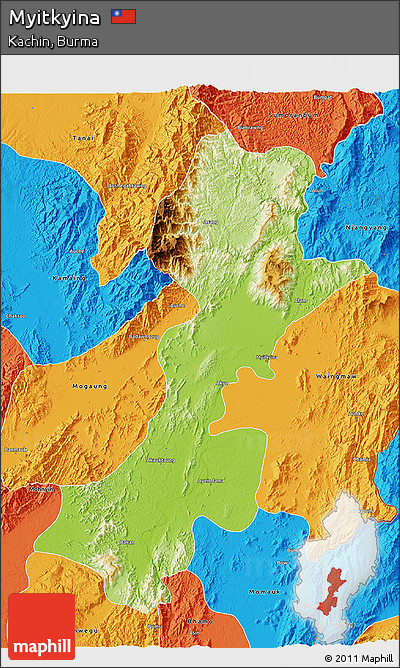 Physical 3D Map of Myitkyina, political outside