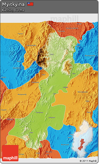 Physical 3D Map of Myitkyina, political outside