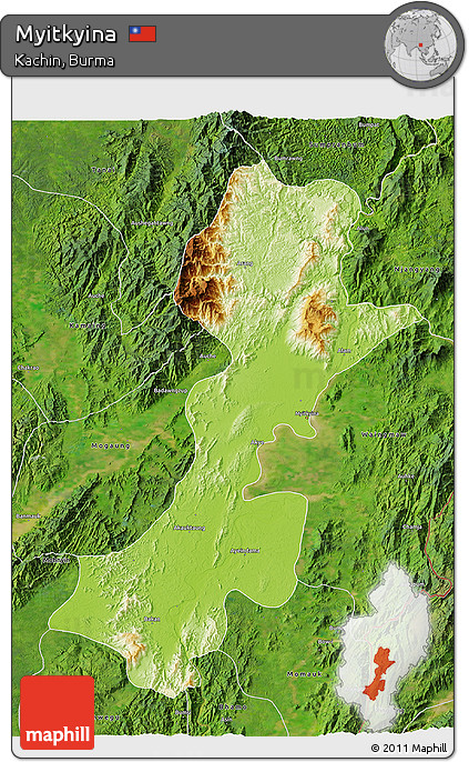 Physical 3D Map of Myitkyina, satellite outside