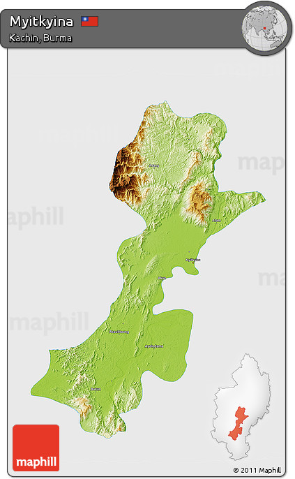 Physical 3D Map of Myitkyina, single color outside