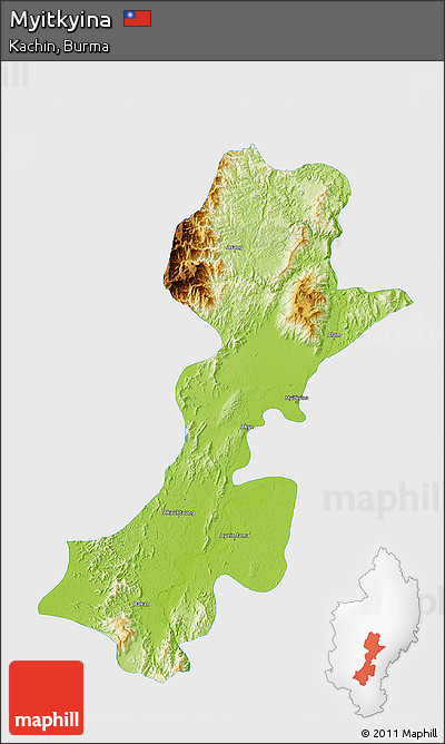 Physical 3D Map of Myitkyina, single color outside