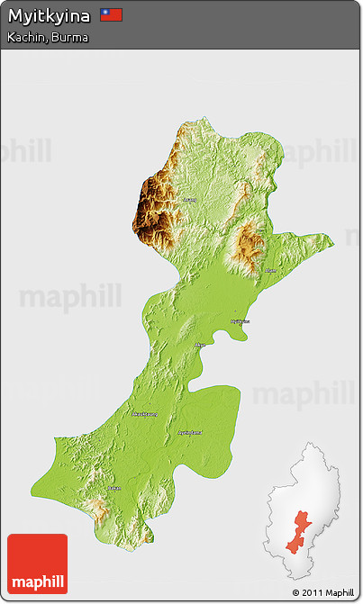 Physical 3D Map of Myitkyina, single color outside