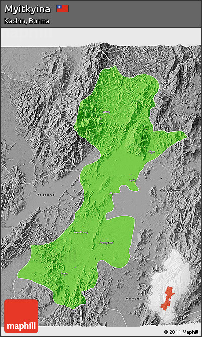 Political 3D Map of Myitkyina, desaturated