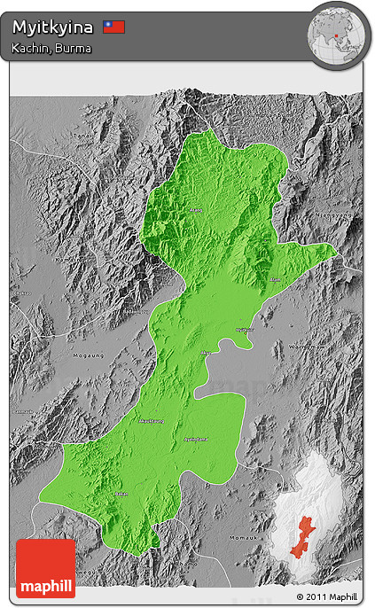 Political 3D Map of Myitkyina, desaturated