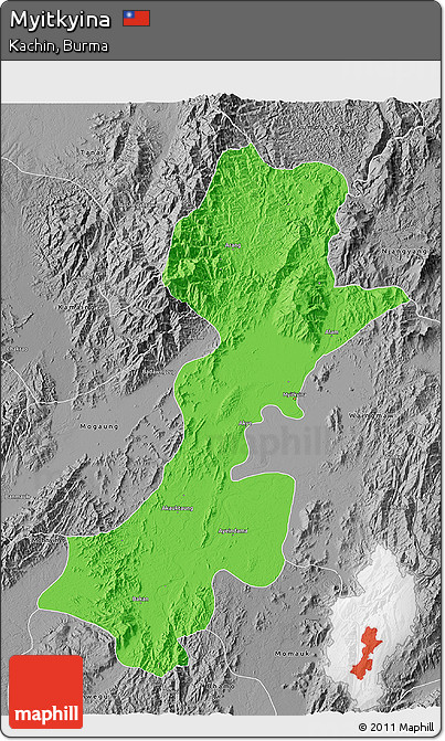 Political 3D Map of Myitkyina, desaturated